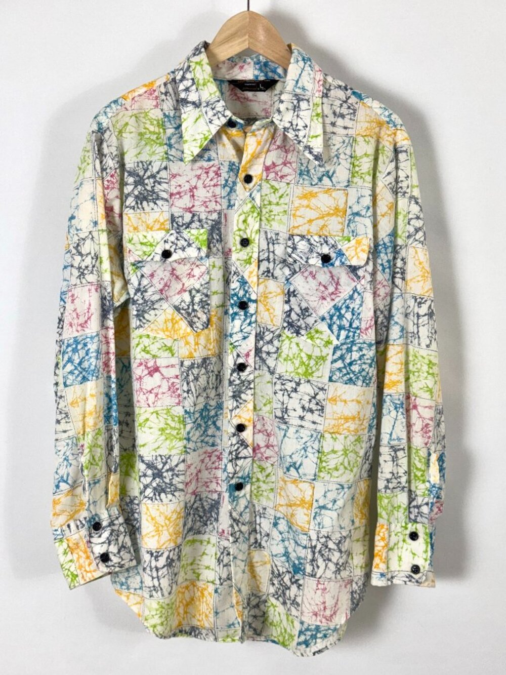 Vtg 70s JCPenney Mens Tie Dye Patchwork Button Down Shirt Colorful Poly Cotton